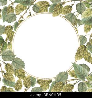 Wasserfarben-Hopfenzweig mit goldenem kreisförmigem Rahmen. Hopfen Bitterblätter und grüne Kegel Pflanzen lockigen Zweigstiel Floral Hand gezeichnete Illustration zum Brauen Stockfoto