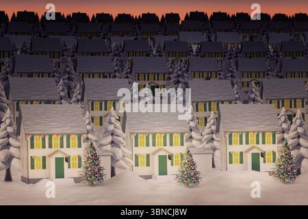 Flaches Design mit zweistöckigen Häusern mit grünen Rollläden und dekorierten Bäumen unter verschneiten Abenddämmerung Stockfoto