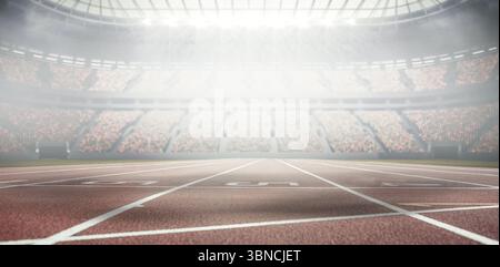 Flache, leere rote Gleise erstrecken sich innerhalb der Sitzebenen des Stadions mit durchscheinendem Dach Stockfoto