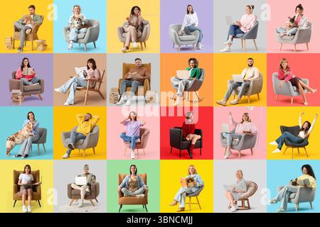 Collage verschiedener Personen, die auf bequemen Sesseln auf farbigem Hintergrund sitzen Stockfoto