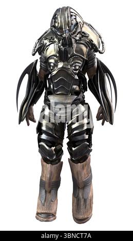 Detailreiche 3D-Illustration eines futuristischen gepanzerten Kriegers in einem Sci-fi-Exosuit. Der Charakter ist metallisch beschichtet, scharfe Klingen wie Verlängerungen, Stockfoto
