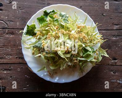 Getrocknete Lindenblüten und -Blätter auf einem weißen Teller auf rustikalem Holztisch. Kräutertee Zutaten, Naturmedizin, gesunder Lebensstil, umweltfreundliche org Stockfoto