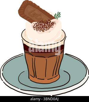 Vektor-Illustration eines Lattes mit Schlagsahne und einem Lotus Biscoff Keks, serviert in einem Glas auf einem Teller. Ideal für Menüs, Cafés und digitale Nutzung. Stock Vektor