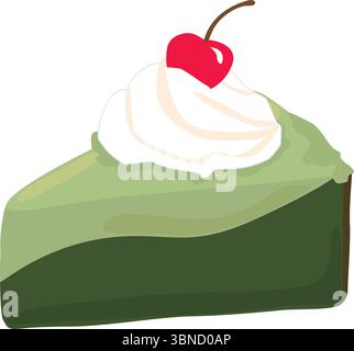 Vektor-Illustration der Matcha-Kuchenscheibe mit Schlagsahne und einer Kirsche belegt. Süßes und modernes Dessertdesign für Café-Menüs, digitale Nutzung oder Drucken. Stock Vektor