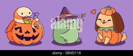 Niedliche kawaii Halloween Tierfiguren - Schlange im Jack o Laternenkorb mit Süßigkeiten, grüner Frosch im Hexenhut, glücklicher Hund im Kürbiskostüm. Niedliche gruselige Haustiere für die Oktoberfeier. Stock Vektor