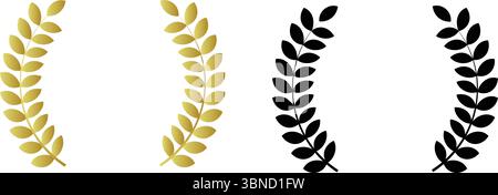 4 Lorbeerkranz Icons Gold, Black Victory Symbol Set Goldener Lorbeerkranz Goldener Zweig mit Blättern. Vektorabbildung auf schwarz und transparent b Stock Vektor