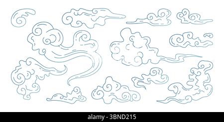 Wolkenkonturen im japanischen Stil - wirbelnde asiatische Muster mit traditionellen Spiralmotiven, dekorative japanische Windelemente in blauer Strichkunst. Orientalische Himmelsformen und asiatische Kulturdekorationen. Stock Vektor