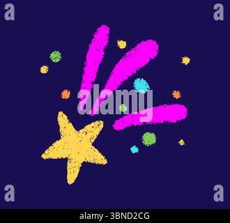 Buntstift-Kritzelchen-Kometensternsymbol. Handgezeichnete Feuerwerk-Bleistiftskizze. Kreide magisches Funkeln. Starburst mit Buntstift-Textur. Vektorillustration auf weiß Stock Vektor