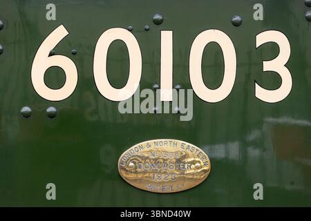 Das ikonische Namensschild des Flying Scotsman reist von Minehead zu den Bischöfen lydeard auf der West Somerset Railway. Stockfoto