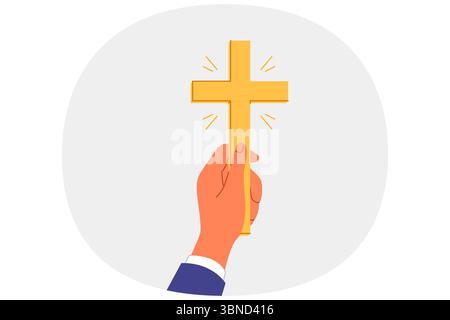 Goldenes christliches Kruzifix in Händen Mann, der einlädt, den katholizismus anzunehmen und die Kirche für Gebete zu besuchen Stock Vektor
