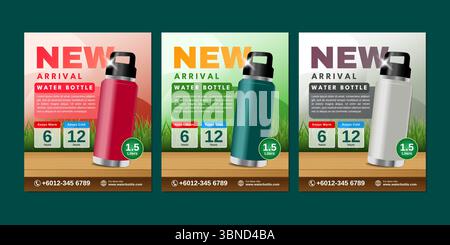 Moderne und saubere Werbevorlage für neue Wasserflaschen. Enthält Produktdetails und Symbole. Perfekt für Produkteinführungen und Werbung Stock Vektor