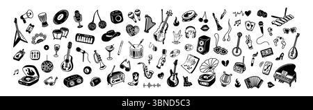 Handgeschriebene Doodle-Musik-Design-Elemente und -Symbole. Punk, Rock Festival Sketch Hintergrund. Gitarre, Klavier, Flöte und andere Musikinstrumente. Y2K Rev Stock Vektor