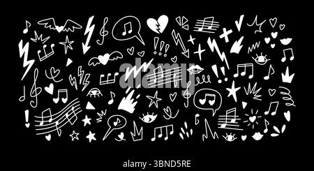 Hand gezeichneter Emo-Grunge-Doodle-Hintergrund. Weißer Buntstift an der Tafel. Abstrakte Skizzenzeichnungen mit Kreide. Linie Symbolgruppe. Stern, Herz, Auge, Mus Stock Vektor