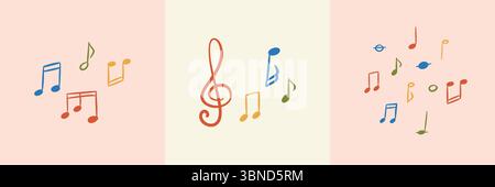 Buntes Posterdesign für Musikkonzerte und Festivals. Kindliches Musikschulkonzept. Handgezeichnete Skizze Kritzelvektor-Illustration. Handschriftenmelodie Stock Vektor