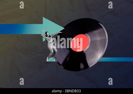Skizze Composite 3D Foto Collage Artwork von Clubber Freizeit Wochenende Anlass Party junge Frau Kopfhörer hören Musik Tanz Vinyl Aufnahme Stockfoto