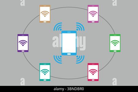 Smartphone, das wlan-Hotspot für andere Geräte freigibt, Vektorillustration. Stock Vektor
