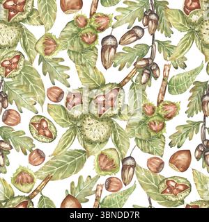 Aquarell nahtloses Muster des Herbstlaub mit Kastanien, Eicheln und Haselnüssen, Ernteflora Stockfoto