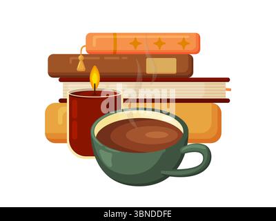Flache Vektor-Illustration eines gemütlichen Stapels von Büchern mit einer dampfenden Kaffeetasse und glühender Kerze. Perfekt für Komfort, Bildung, Herbst, Lesen und Stock Vektor