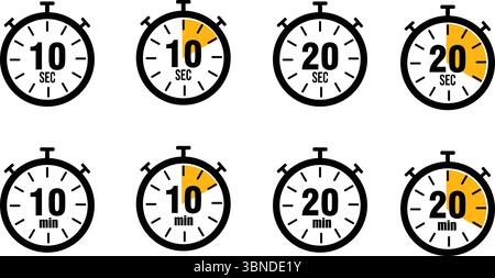 Stoppuhrsymbol Zeitraffergrafik für Sekunden und Minuten Countdown Stoppuhrgrafik 10 20 Sekunden Minuten Symbole mit transparentem Hintergrund Stock Vektor
