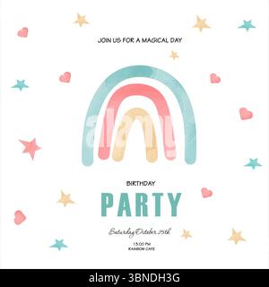 Einladung zum Kindergeburtstag mit Regenbogen, Sternen, Herzen und Text auf weißem Hintergrund im Aquarellstil. Vektor. Niedliches Design für Karten, Poster, Partydekorationen und Weihnachtsmaterialien Stock Vektor