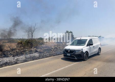 Die Auswirkung der Klimakatastrophe in Italien 27.06.2025, EU, ITA, Italien, Apulien, Lecce, Matino: neben dem Feuerbakterium Xylella fastidiosa OQDS bedrohen selbstentzündende Feuer, die durch ausbleibenden Regen und extreme Hitze entstehen, die Monokulturen der Olivenheine in der Region um Matino. EU, ITA, Italien, Apulien, Lecce, Matino: neben dem Feuerbakterium Xylella fastidiosa OQDS bedrohen selbstentzündende Brände, die durch Regen und extreme Hitze verursacht werden, die Monokulturen der Olivenhaine in der Region um Matino. Stockfoto