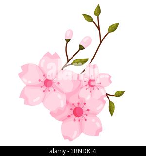 Eine bezaubernde Illustration einer zarten Gruppe rosa Kirschblüten oder Sakura, komplett mit ungeöffneten Knospen und frischen grünen Blättern auf einer anmutigen Braue Stock Vektor