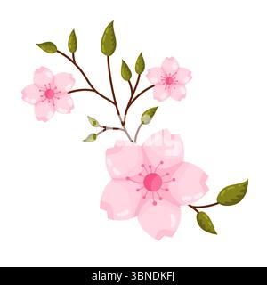 Eine bezaubernde Illustration zarter rosafarbener Kirschblüten oder Sakura-Blüten mit einem anmutigen braunen Zweig, frischen grünen Blättern und ungeöffneten Knospen. Diese bea Stock Vektor
