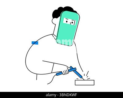 Ein fokussierter Schweißer bei der Arbeit verwendet Schutzmaske und Handschuhe beim Schweißen von Metall und zeigt Konzentration und Sicherheitsbewusstsein in der industriellen Metallverarbeitung Stock Vektor