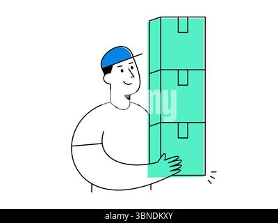 Ein lächelnder Lieferarbeiter in blauer Kappe, der Schüttgüter mit drei großen grünen Boxen transportiert, repräsentiert fröhliche Logistik- und Transportdienstleistungen Stock Vektor