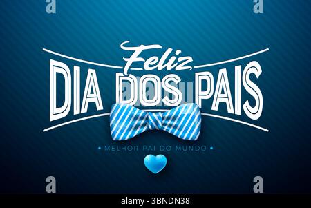 Happy Vatertag Grußkarte Design mit blauem Herz, Fliege und Typografie-Schriftzug auf blauem Hintergrund. Feliz Dia dos Pais Portugiesisch Stock Vektor