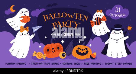 Halloween-Party für Kinder. Fröhliches Einladungsdesign, süßer Poltergeist, lustige Geister mit lächelnden Kürbissen, kindlicher gruseliger Urlaub, Webbanner, Cartoon Flat Stock Vektor