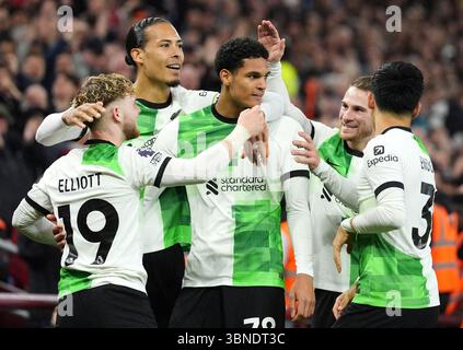 Aktenfoto vom 13-05-2024 von Jarell Quansah (Mitte). Bayer Leverkusen hat die Unterzeichnung des Liverpool-Verteidigers Jarell Quansah mit einem 35 Millionen Pfund schweren Deal abgeschlossen. Ausgabedatum: Mittwoch, 2. Juli 2025. Stockfoto