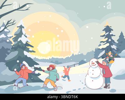 Lustige Winteraktivitäten im Freien. Kinder genießen Schnee in der Natur, Spiele in der kalten Jahreszeit, Schneemannsmodeln zusammen, Schneebälle kämpfen, Junge und Mädchen Stock Vektor