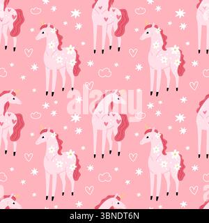 Lustiges nahtloses Einhornmuster. Wiederholte Fantasy-Zeichentrickpferde mit Hörnern, zarten Farben, mädchenhaftem rosa Design. Textil, Geschenkpapier, Tapete Stock Vektor