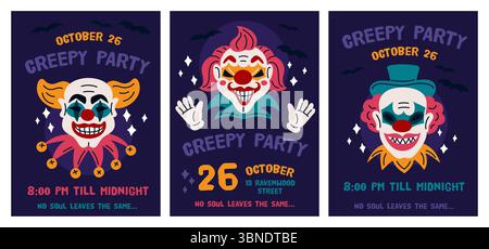 Böse Clowns Karten. Halloween-Feiertagsveranstaltung, Poster-Design für Horrorparty-Einladungen, gruselige Zirkus-Joker-Charaktere, gruselige Feier, gruseliges Gesicht Stock Vektor
