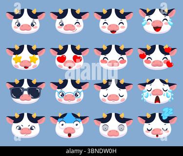 Süßes Kuh-Emoji. Verschiedene Emotionen, lustige Tiergesichter auf dem Bauernhof, lächelndes Maskottchen für Kinder, kleines weißes Kalb mit schwarzen Flecken, Stickersammlung Stock Vektor