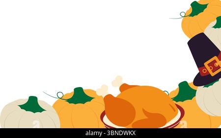 Hand gezeichnete mehrfarbige Kürbisse gebratener Truthahn auf Teller und Pilgrim Hut Eckrahmen Border Copyspace. Isolierte Vektor-Illustration Thanksgiving Grußkarten Party Einladungen oder Banner, Faltblatt, Etiketten Stock Vektor