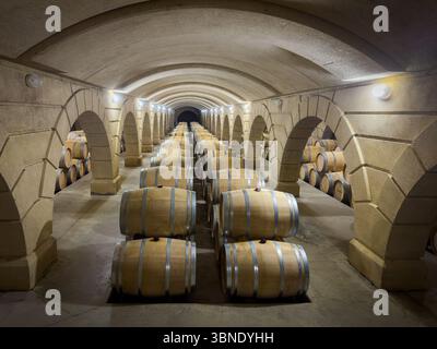 Große Barriques aus französischer Weißeiche mit gereiftem Wein in den Kellern von Château Bouscasse in Maumusson-Laguian, Gers, Frankreich. Stockfoto