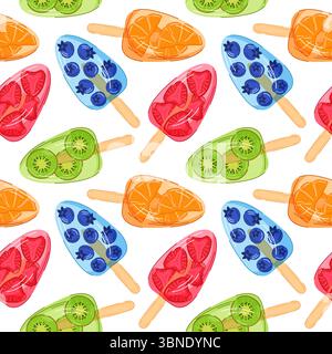 Nahtloses Popsicle-Muster mit Blaubeeren, Orangenfrüchten, Kiwi und Erdbeerscheiben im Cartoon-Stil. Perfekt für ein Sommermenü-Café und süße Köstlichkeiten Stock Vektor