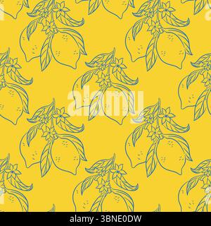 Nahtloses Muster mit Zitrone im Linienart-Stil auf Zweig mit Blume. Perfekt für Stoff, Druck, Küchentapeten, Sommerpaket und frisches Obst. Stock Vektor