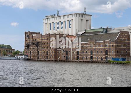 Historisches Industriegebäude mit dem „Lassie“-Logo am Wasser in den Niederlanden, mit Backsteinarchitektur unter bewölktem Himmel. Wormer, Niederlande, Stockfoto