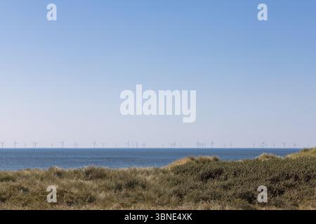 Eine lange Reihe von Offshore-Windturbinen erstreckt sich über den klaren Horizont und verbindet erneuerbare Energietechnologien mit der riesigen, ruhigen Meereslandschaft. Stockfoto