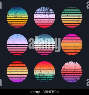 Grunge Vintage farbenfroher Sonnenuntergang. Gestreifte Sonnenaufgangsabzeichen im Stil der 80er und 90er Jahre. Blick auf Sonne und Meer, Sommerstimmung, Surfen. Designelement für Stock Vektor