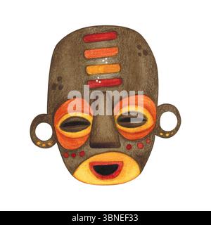 Afrikanisch-braune Maske mit bunten Mustern aus Kreisen, Streifen und Punkten. Aquarellillustration handgezeichnet, Zeichentrick. Zeichnung für Druck, Aufkleber Stockfoto