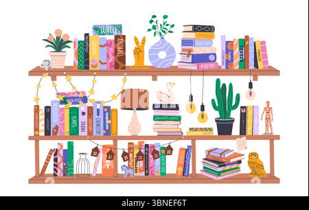 Stapel Bücher auf Bücherregalen. Bibliothek zu Hause. Stock Vektor
