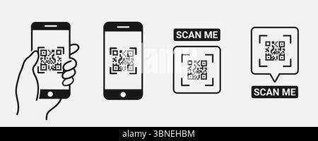 „Symbole zum Scannen von QR-Codes – Designs für Smartphone, Scan Me Text und QR-Code“ Stock Vektor