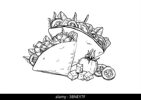 Monochrome zwei gefaltete Tortillas gefüllt mit Gemüse, Tomatenscheiben, Gurke und Käsewürfel Vektorillustration. Traditionell Mexikanisch Stock Vektor