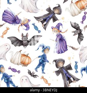 Nahtloses Muster für Halloween. Wiederhole den Hintergrund mit Zauberer, Fee oder Hexe auf Besenstiel, Geist und Kürbis. Handgezeichnete Fantasie Stockfoto