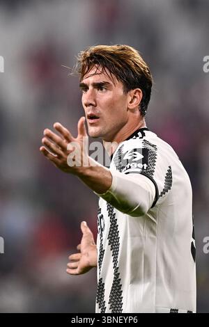 Foto Fabio Ferrari/LaPresse 14 Settembre 2022 - Torino, Italia - Sport, calcio - Juventus FC vs SL Benfica - UEFA Champions League 2022 2023 - Fase a gironi - Gruppo H - Juventus Stadium.Nella Foto: Dusan Vlahovic (Juventus F.C.); 14. September 2022 Turin, Italien Fußball Juventus FC vs SL Benfica - UEFA Champions 2022-2023 - Gruppenphase - Gruppe H - Juventus F.C. Stockfoto