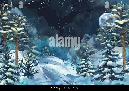 Nächtliche Winterlandschaft mit schneebedeckten Bäumen, Hügeln und Sternenhimmel. Handgemalt mit Aquarell. Ideal für Grußkarten, Geschichten oder magische Karten Stockfoto